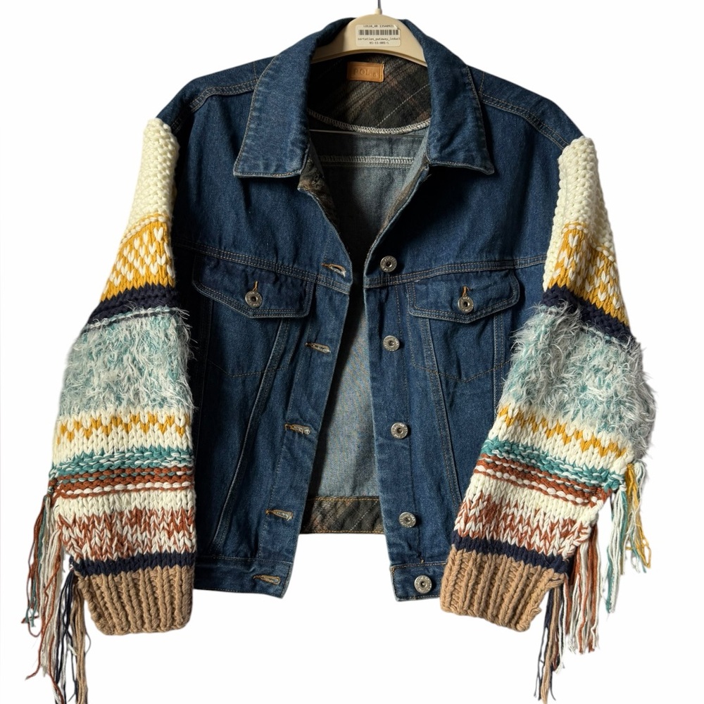 POL Denim Jacket with Multicolor Knit Fringe Sleeves Boho Festival Fall - Picture 2 of 7